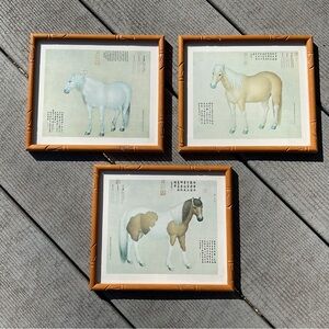 Set of 3 Vintage Framed Asian Horse Prints in Brown Frames